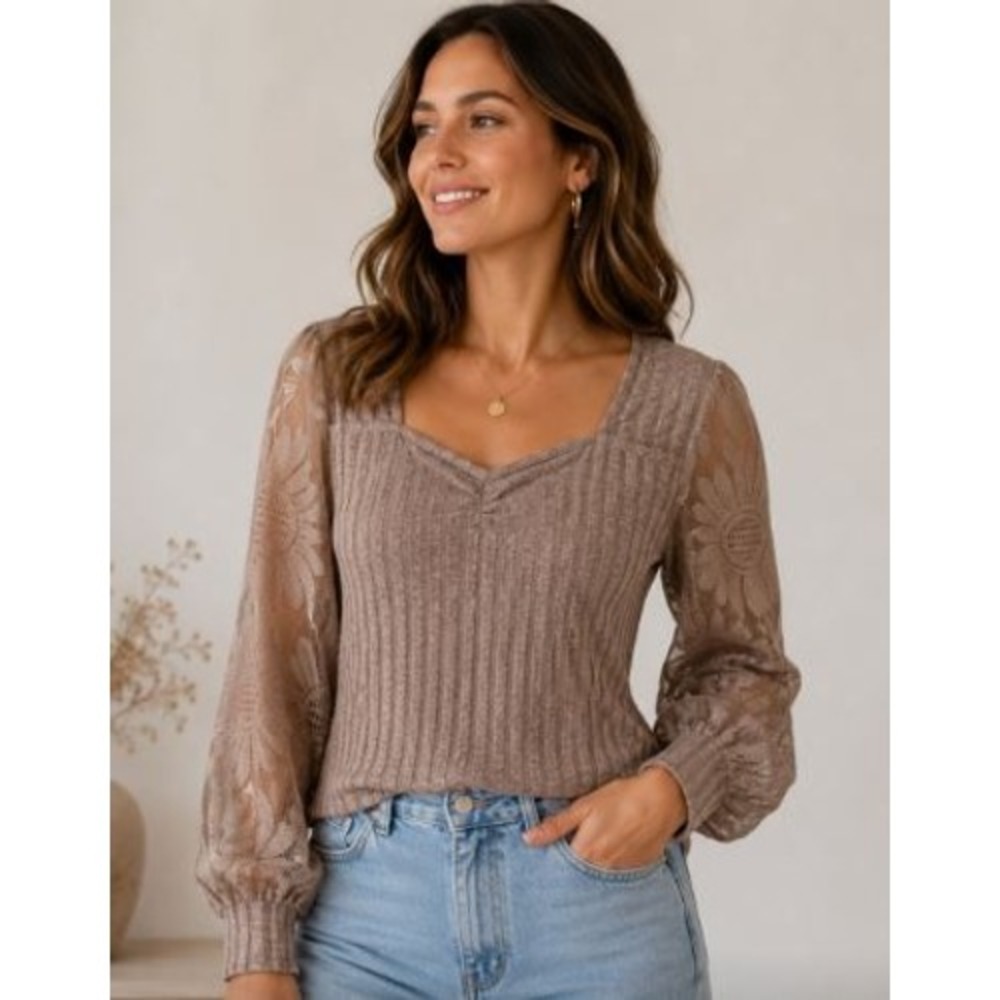 Ribbed Lace Sleeve Top Womens Large Mauve Brown Floral Puff Cottage Boho Chic